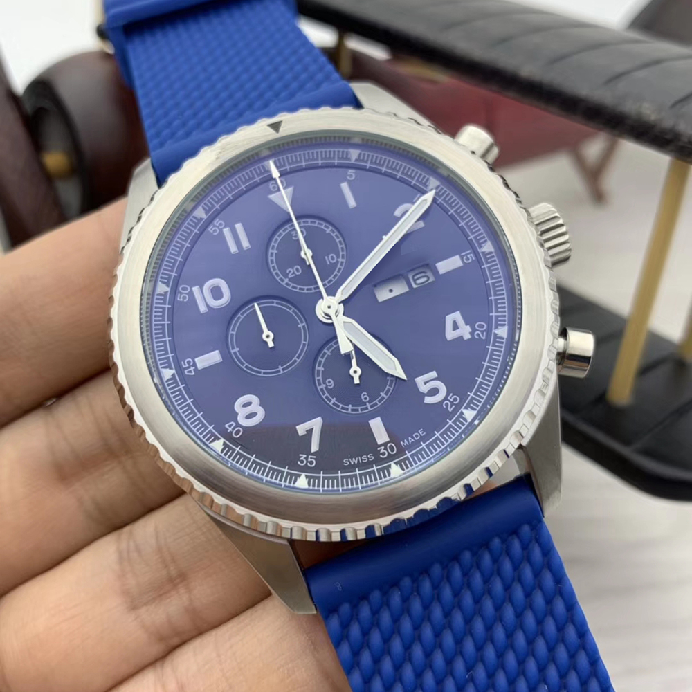 

Aviator 8 Curtiss Quartz Chronograph Mens Watches 46MM Silver Case Blue Dial Luminous Wristwatches With Soft Rubber Band, Slivery;brown