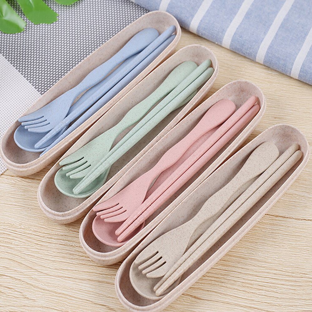 Portable 3PCS paille de blé Couverts Cuillère Baguettes Fourche avec Travel Case Set Cadeau