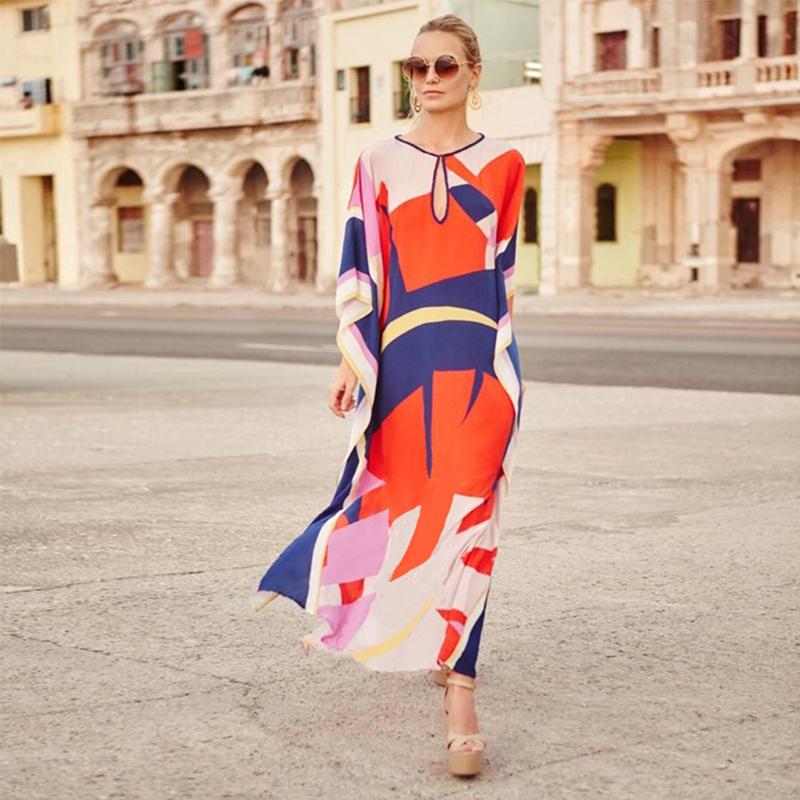 

Cotton Print Kaftan Beach Cover Up Women Sexy Long Maxi Beach Dress Summer Wear Robe Plage Plus Size Holiday Swimwear