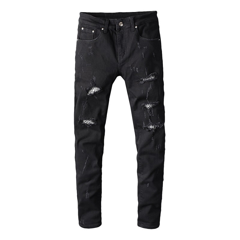 

New High Street Fashion Mens Skinny Jeans Men's Zebra Print Ripped black Jeans Slim Holes Destroyed Stretch Denim Pants, 601 balck