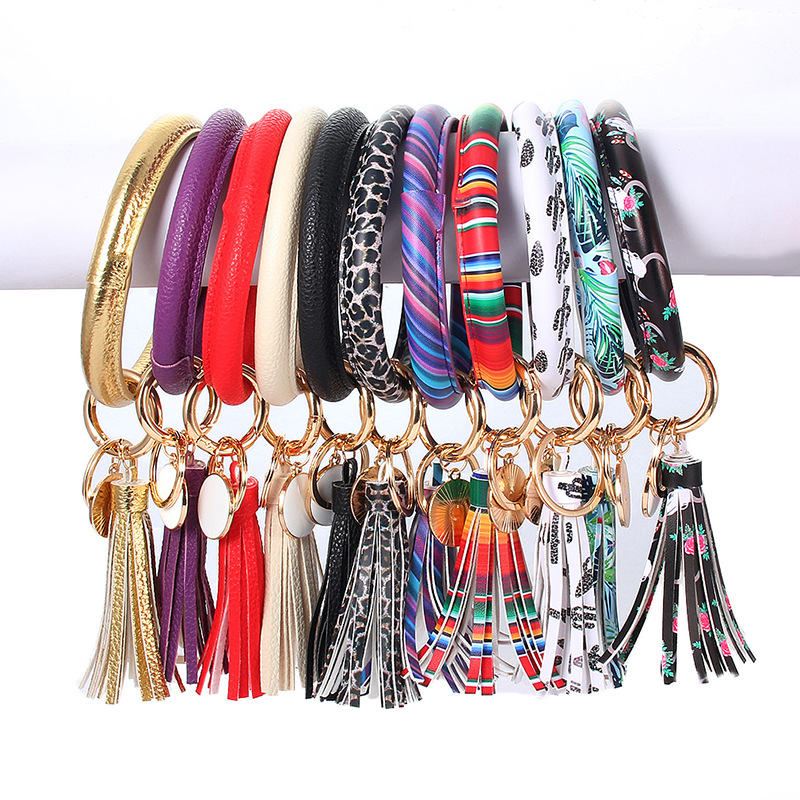 

Leather Wrap Bracelets Key Ring Leopard Print Chain Wristband Sunflower Drip Oil Bangle Keychain Party Gift JXW496