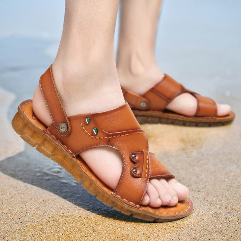 

Classic men's sandals summer new high-quality breathable comfortable leather slippers outdoor Roman beach shoes tendon bottom, Khaki
