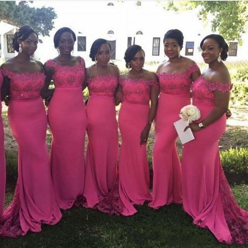 

Africa Mermaid Fuchsia Bridesmaid Dresses Off Shoulder Appliques Beads Black Girls Maid Of Honor Gowns for Evening Guest Prom