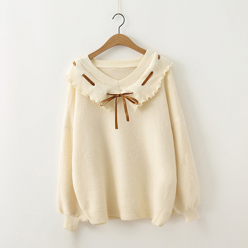

Princess cute sweet ribbon bow sash kawaii sweater, Beige