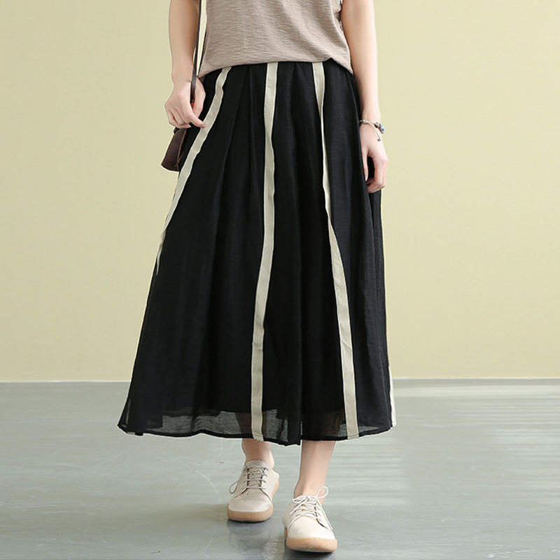 

Spring Summer Fashion Retro Patchwork Striped Skirt 2020 Leisure Loose Comfortable Women Cotton Linen Long Casual A-Line Skirt, Beige