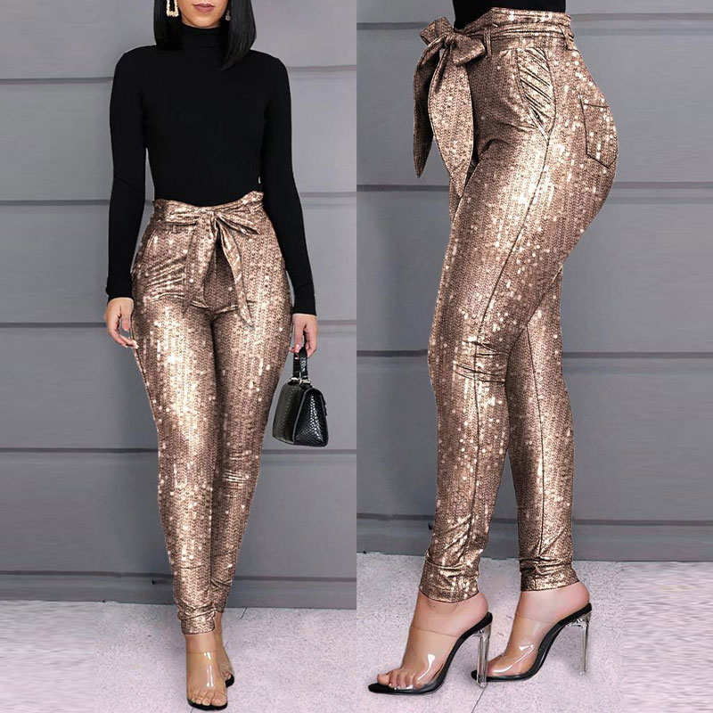 

2020 Spring Casual Glitter Silver Trousers Women Streetwear High Waist Bow Tie Office Lady Elastic Pencil Pants Female Korean, Red