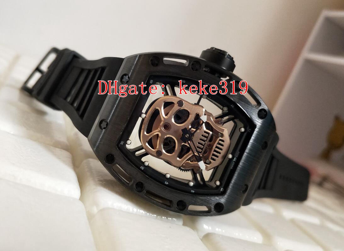 

Fashion Black Dial Ceramic Shell Skull RM 52-01 Natural Rubber Plus Mineral Tempered Glass 43mm Transparent Automatic Mechanical Men's Watch, No box papers