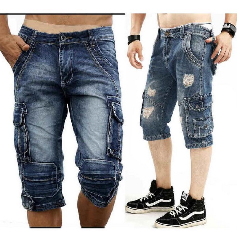Mens Hip-hop Blue Casual Multi-pocket loose denim shorts Cropped jeans Plus Size