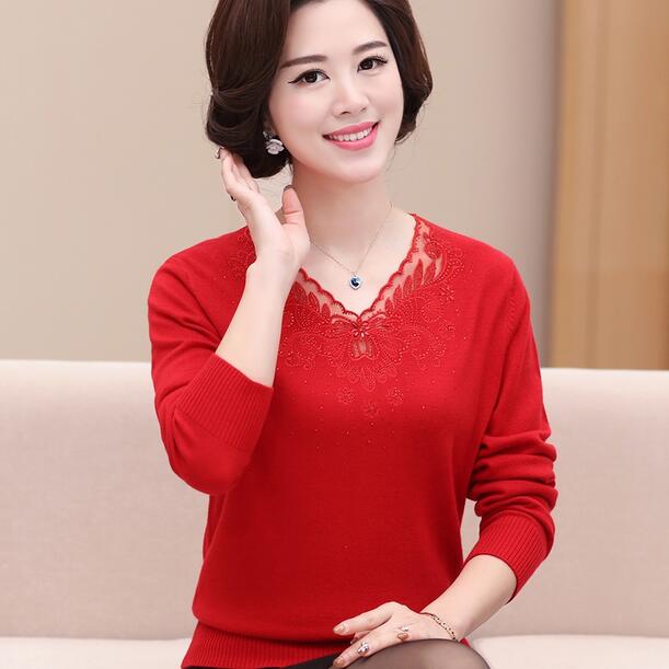 

Hot 2020 winter women sweaters V-collar long sleeve pullovers Gothic color middle-aged Good quality Hand-beaded sweater DF435, Pink