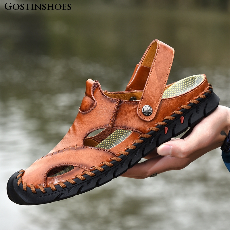 

Men Sandal Large Size Fashion Soft Sole Casual Beach Shoes Cowhide Sandals Hombre Sandalen Heren, Black
