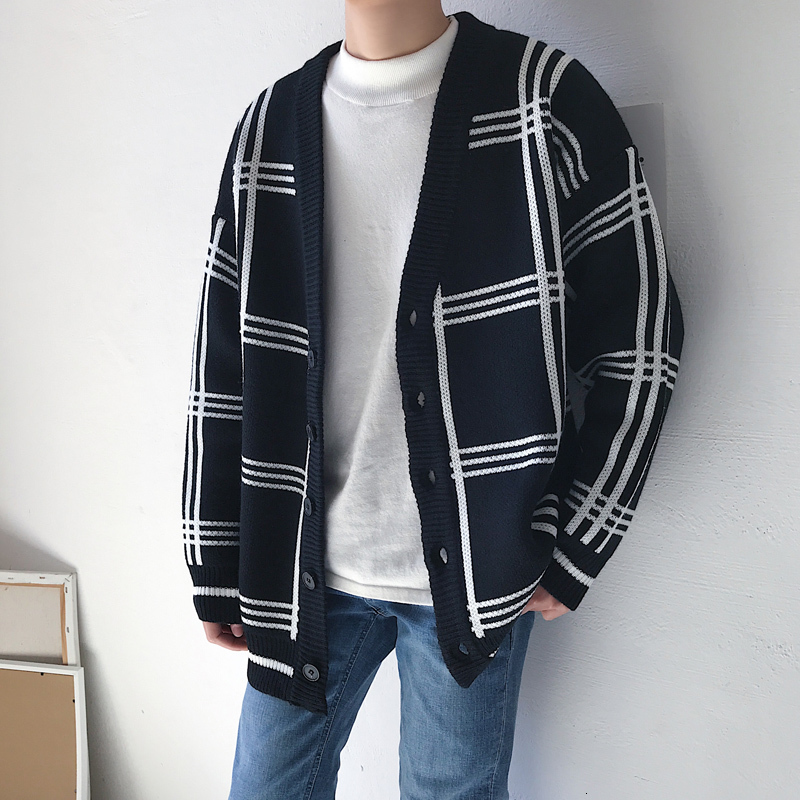 

Winter Thick Cardigan Men's Warm Fashion Retro Casual V-neck Knit Sweater Jacket Man Streetwear Wild Loose Plaid Sweater Male, Black