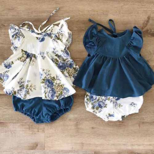 Nouveau-né Toddler Baby Girls vêtements col rond Ruffle pull sans manches solide Tops imprimé floral Shorts 2pc enfants tenues de coton