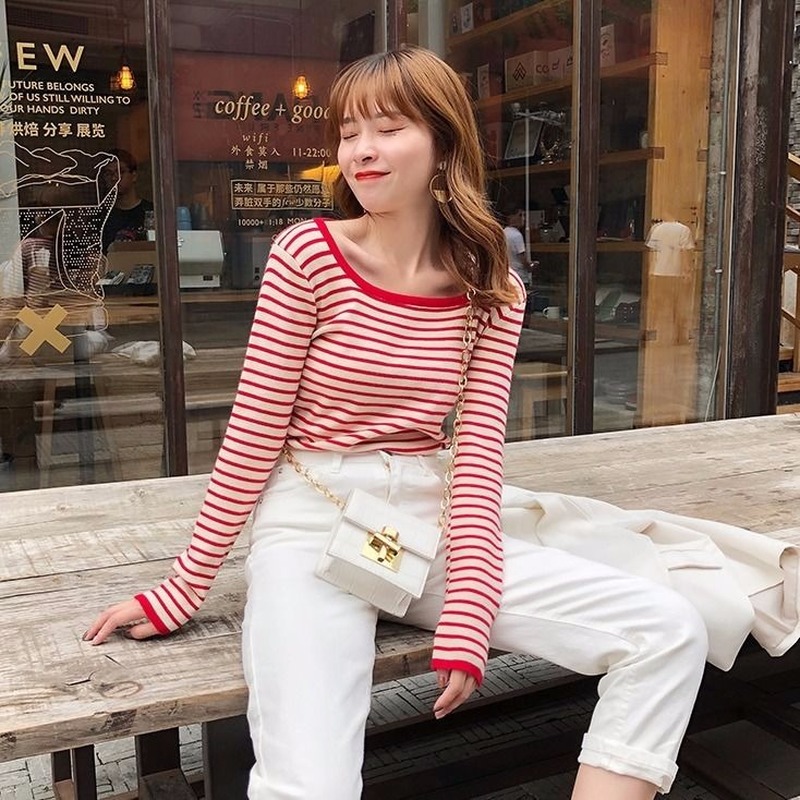 

Retro square collar knitted sweater girl 2020 autumn winter female striped long-sleeved slim bottoming sweater women casual tops, Beige
