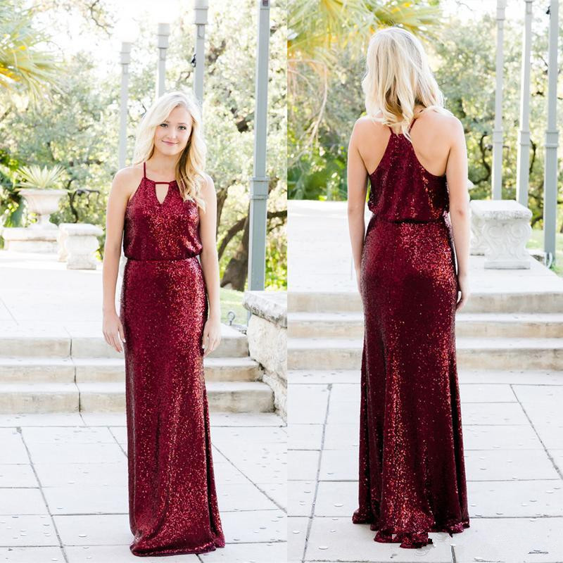 

Sparkle Burgundy Sequins Bridesmaids Dresses 2019 Western Country Garden Boho Wedding Guest Party Gowns Evening Prom Dress Cheap