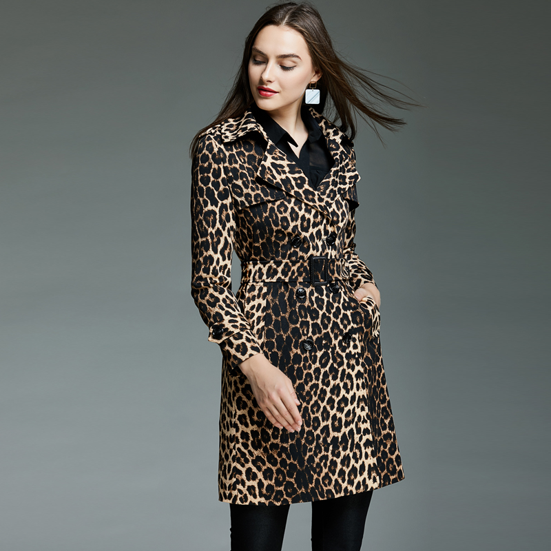

Female British Style Leopard Print Trench Coat Women With Belt Double-breasted Long trench Autumn slim clothes Large Size 4XL, Clear