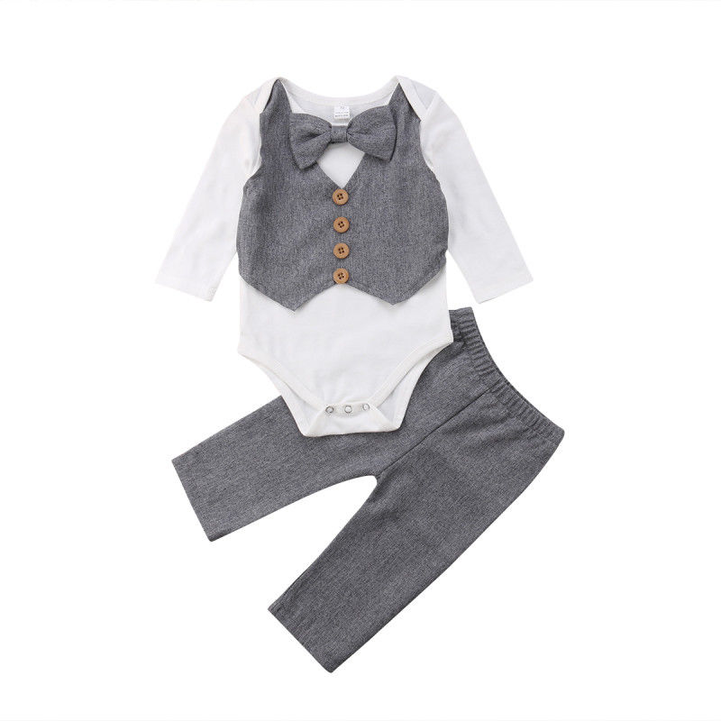 

Newborn Infant Baby Boys Handsome Gentleman Causal Clothes 2PCS Long Sleeve Bow Grey Romper Tops+Long Pants Outfit Party Autumn, As pic