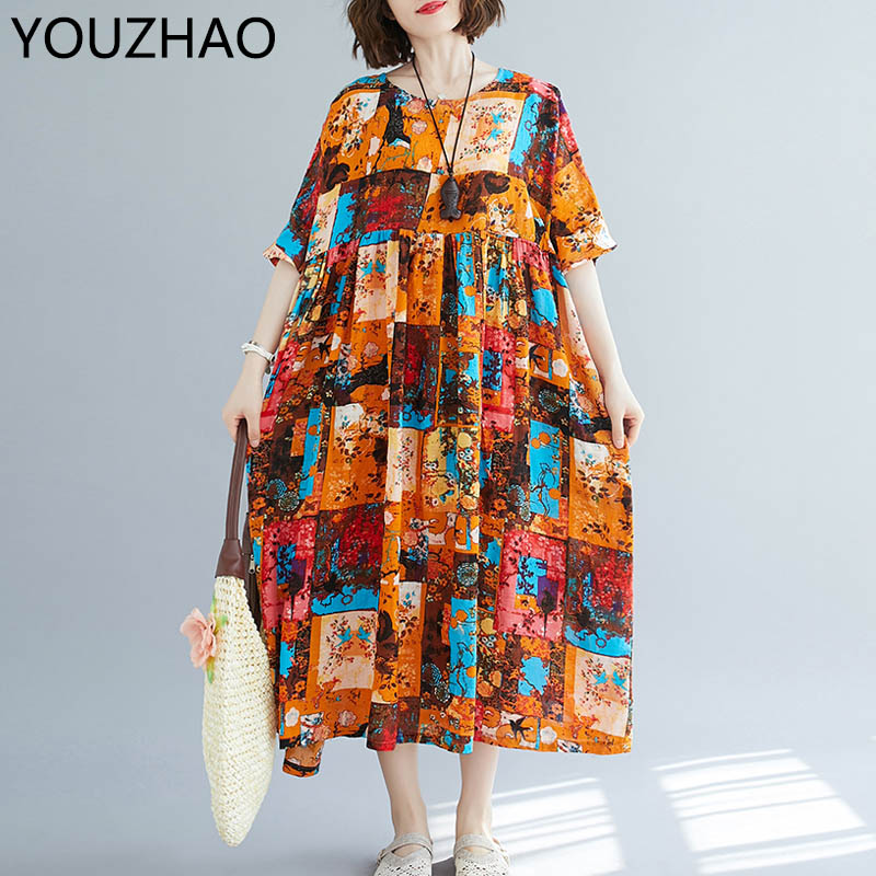 

New Bohemian Women Casual Long Dress Plus Size Plaid Floral Print Dress Summer Women Cotton Boho Ladies Dresses 2020 Robe Femme, Photo color