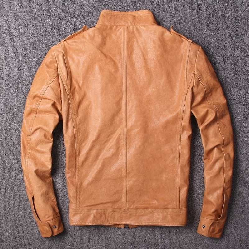 

Sheepskin Genuine Leather Short Coat Men Vintage Fashions Stand Collar Slim Fit Real Leather Jacket Spring Zip Moto Jacket 3XL, As photos