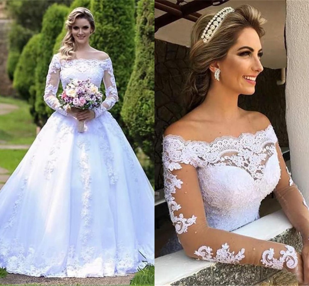 

New Modern Cheap A Line Wedding Dresses Long Sleeves Off the Shoulder Appliques Lace Beaded Sweep Train Illusion Arabic Formal Bridal Gowns, Ivory