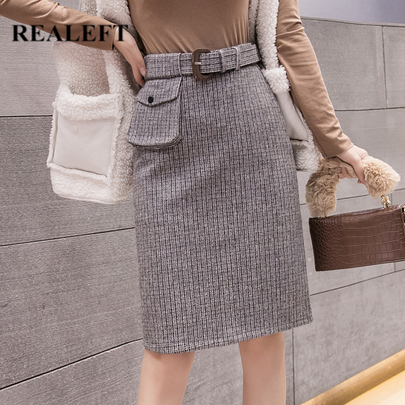 

REALEFT Winter Woolen Plaid Skirt Belt Women' Vintage Wrap Skirts High Waist Split Sheath Pencil Midi Skirts Female Pocket 2019, Khaki