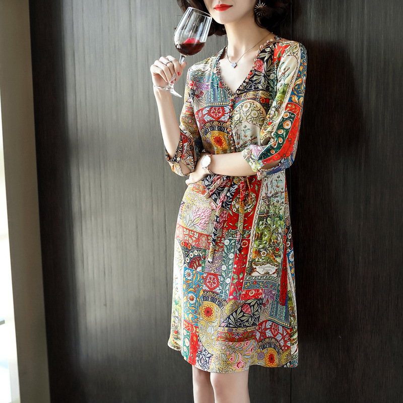 

2020 Summer New Women's Silk Floral Printed Dress Loose A- Line Dress V-neck Three-quarter Sleeve Silk 100%, Clear