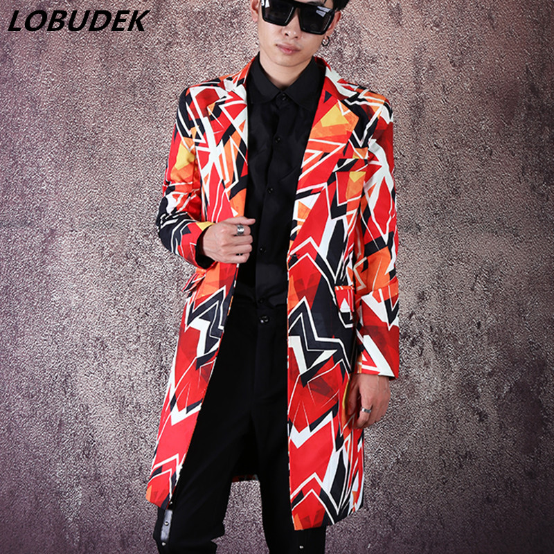 

Male Singer Fashion Korean Style Colored Graffiti Blazer Geometric Pattern Long Coat Streetwear Hip Hop Blazers Stage Costume, Orange
