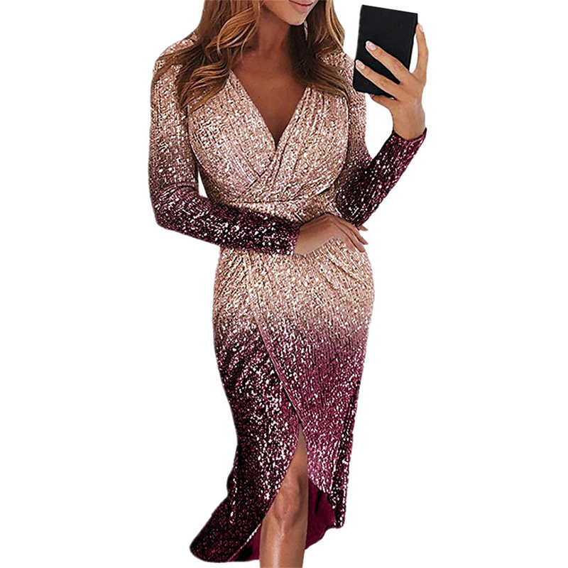 

Sexy Party Midi Dresses Hi-Lo Women Deep V Neck Sequins Wrap Ruched Long Sleeve Nightclub Dress Winter, Rose gold