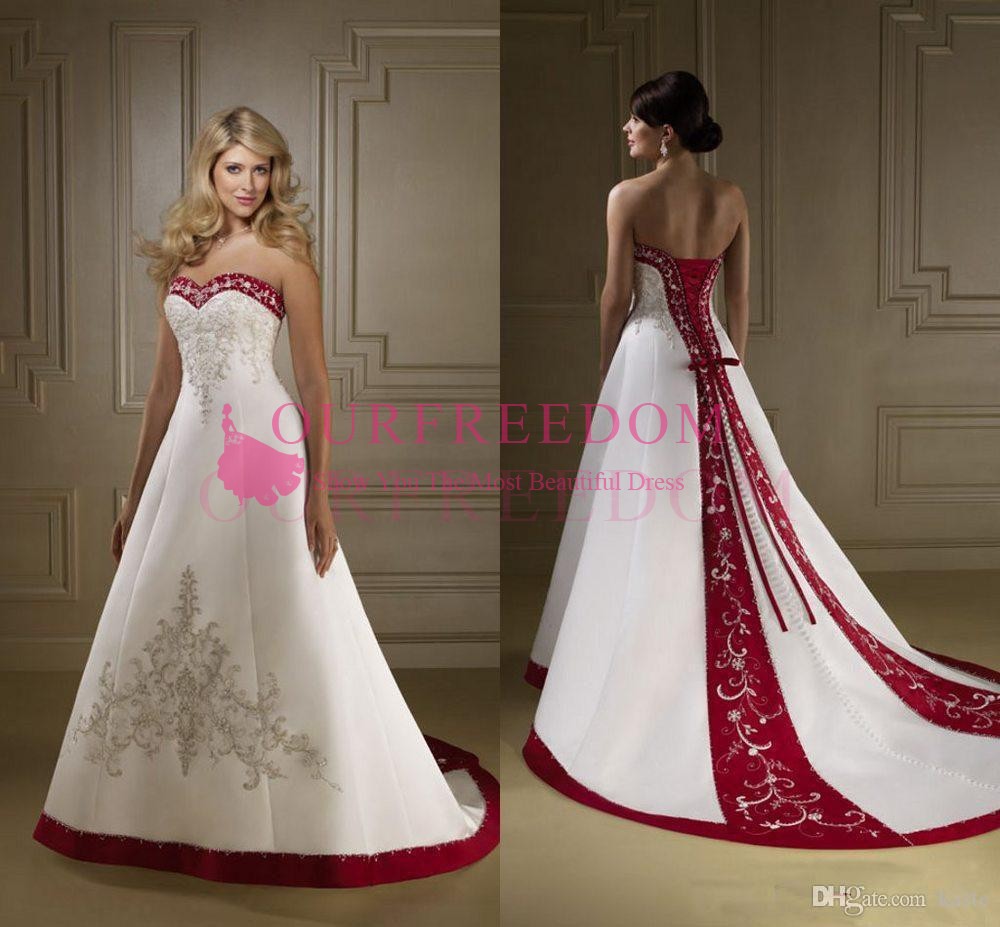 Red And White Satin Embroidery Wedding Dresses 2019 Retro Strapless A Line Lace Up Court Train Country Bridal Gowns Vestidos Plus Size