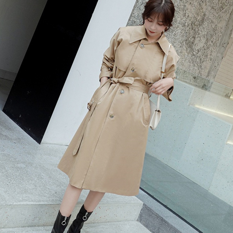 

EWQ] 2020 Autumn New Ladies Windbreaker Mid-length Lapel Simple Long-sleeved Single-breasted Belt Coat Jacket Women QB972, Khaki