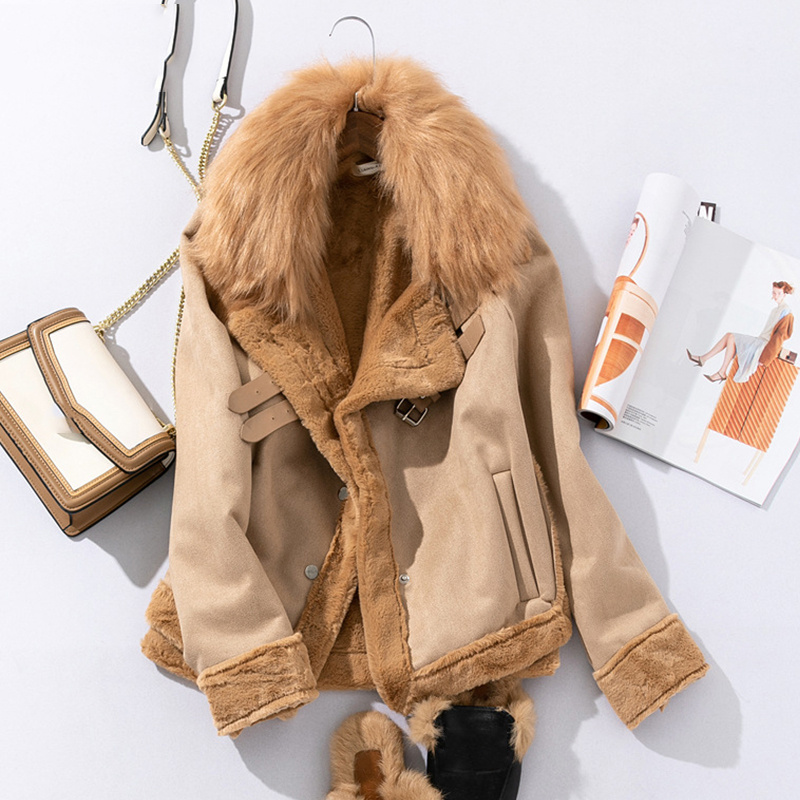 

Women Jackets Winter Suede Leather Jacket Women Short Buckskin Faux Fur Coat Wool Motorcycle Jacket Thick Lambs Fur Warm Coat, Gray