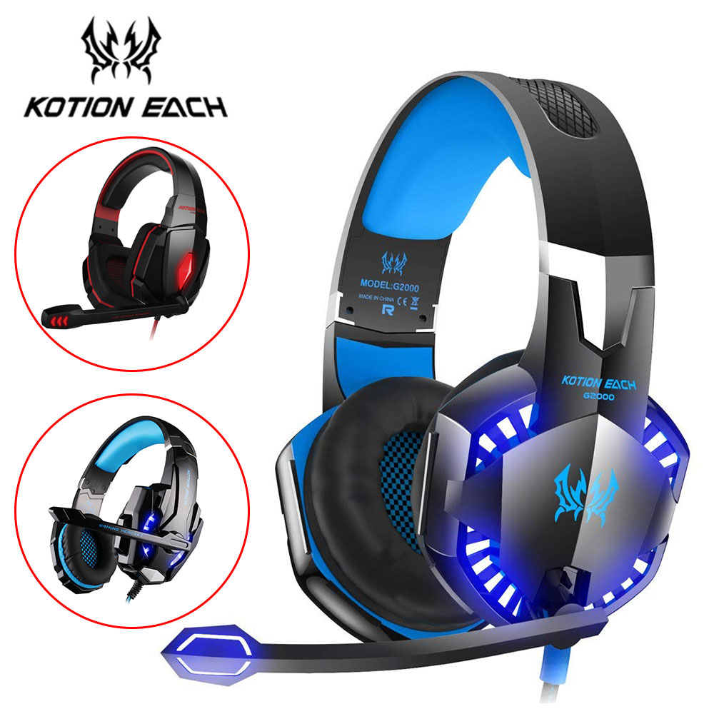 

KOTION EACH G2000 G9000 Gaming Headset Big Headphones with Light Mic Stereo Earphones Deep Bass for PC Computer Gamer Tablet PS4, Blue