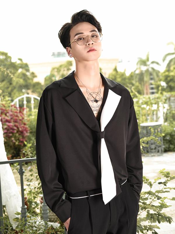 

Customized ~6XL New Fashionable Splicing long sleeve heart machine shirt men' loose tie trend shirt, Black