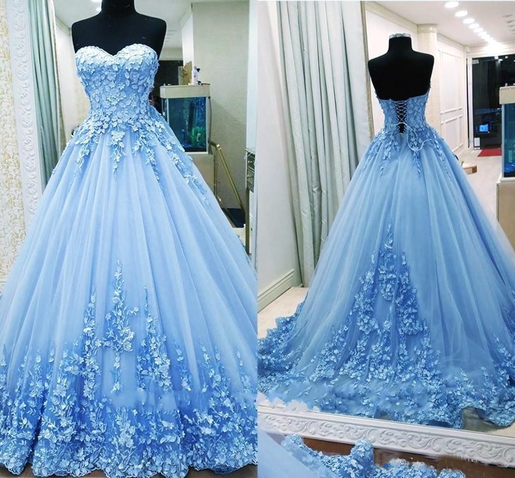 

2019 Ball Gown Prom Dresses Sweetheart Appliques Tulle Backless Bandage Light Blue Evening Gowns Quinceanera Dresses Sweet 16 Dresses, Dark navy