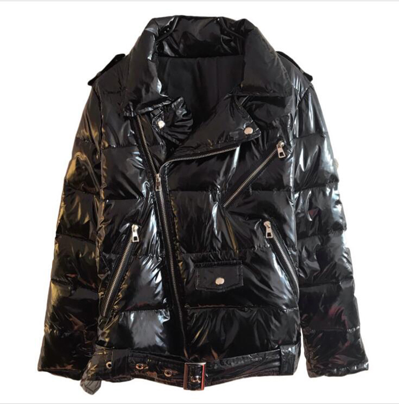 

Down Parka Warm Patent leather Glossy Women Black Zipper Jacket windbreaker Coat Winter For Wome