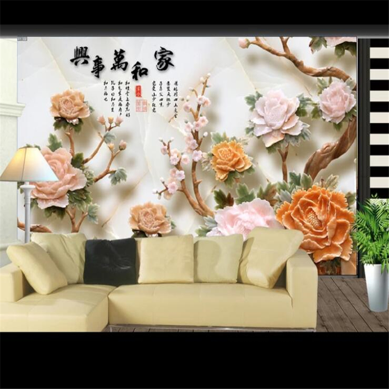 

mural papel de parede Custom wallpaper Peony Home and Everything Jade Carving TV Background Wall Picture papier peint behang, As pic