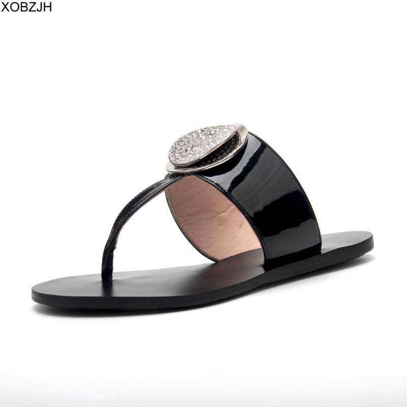 

XOBZJH Women Summer Shoes Flat flip flops Sandals 2020 Fashion Rhinestone Ladies Party Leather Black Slippers Shoe Woman