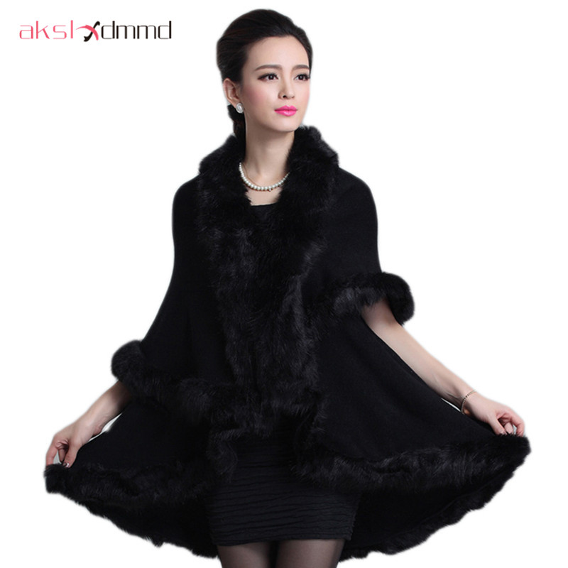 

Knit Fur Poncho Coat New Women Fashion Cardigan Cloak Coat Tops Batwing Knitwear Loose Fur Collar Jackets Female Outwear QH154, White