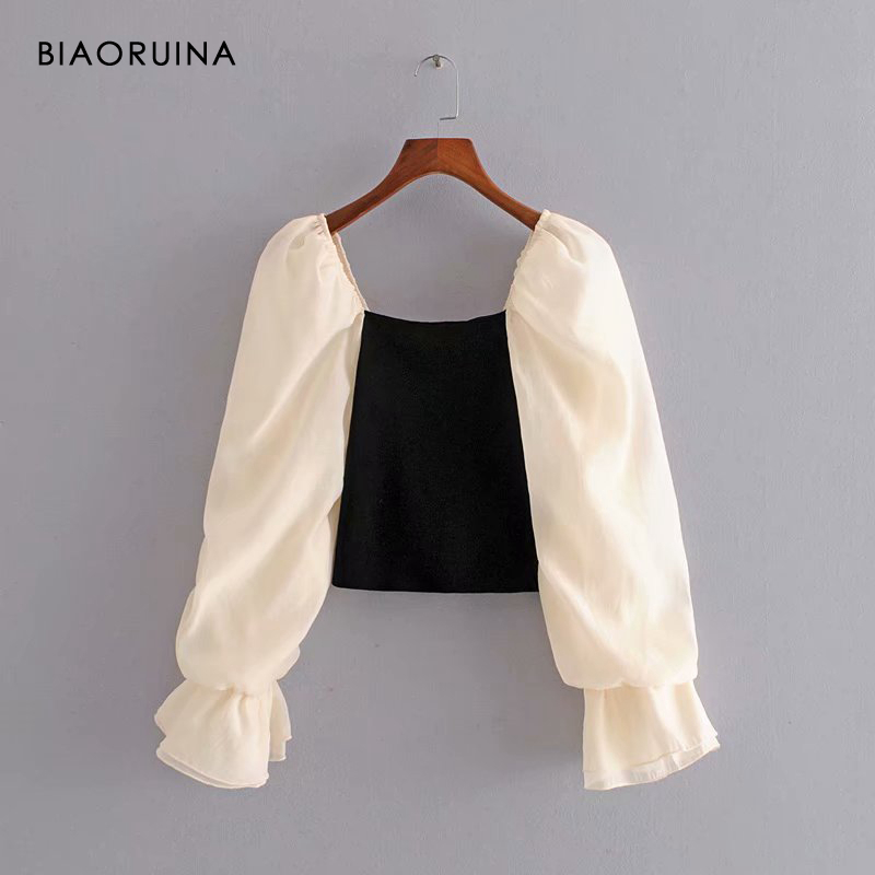 

BIAORUINA Women' Retro Shirt Beige Long Puff Sleeve Spliced Black Stretch Slim Wasit Slash Neck Fashion Summer Blouse Top, As pic