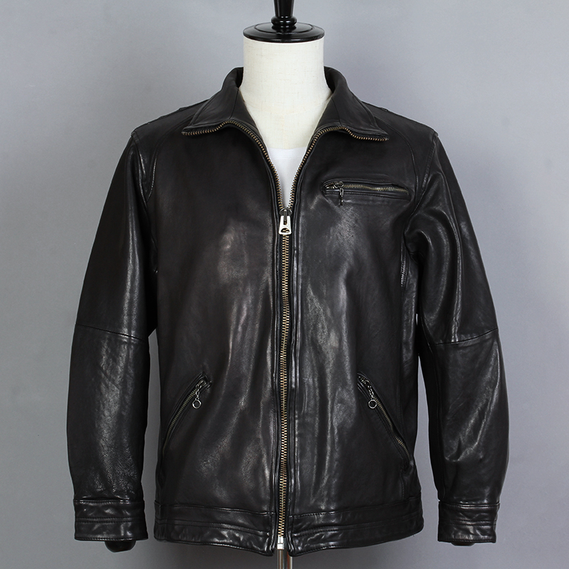 

Fashion 2020 Genuine Leather Men Turn-down Collar Sheepskin Motorcycle Biker Jacket Black Loose Casual Coat