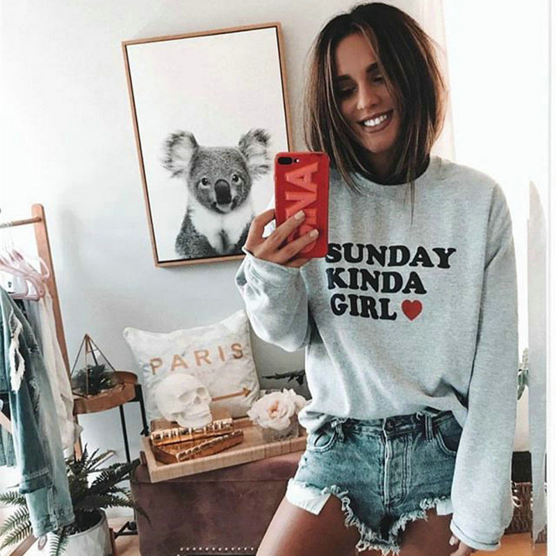 

hot sale NewSunday Kinda Girl Letter Print Women Cropped Sweatshirt o-Neck Long Sleeve Hoodies Sexy Pullover Crop Ladies korean Vogue Hoodie, Gray