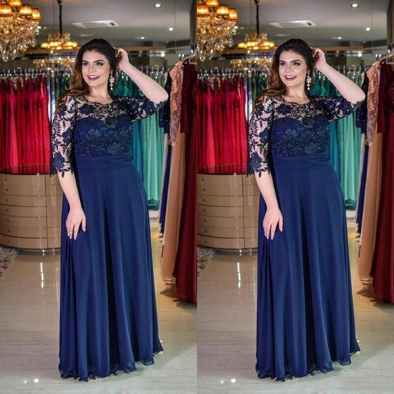 

2020 New Navy Blue A-Line Chiffon Lace Mother of Bride Groom Dress Jewel Neck Floor-Length 3/4 Sleeve Formal Dress Evening Gowns Custom