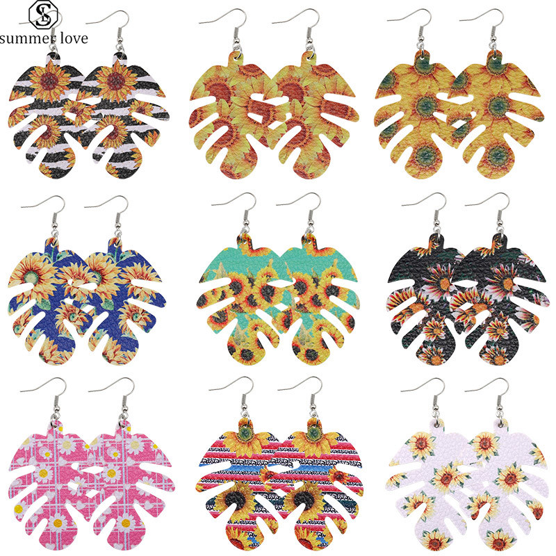 2020 New Fashion Multi-color Leaf Leather Earring Geomertical Colorful Dangle Jewelry For Women Girls Sunflower Parttern Earrings -Z