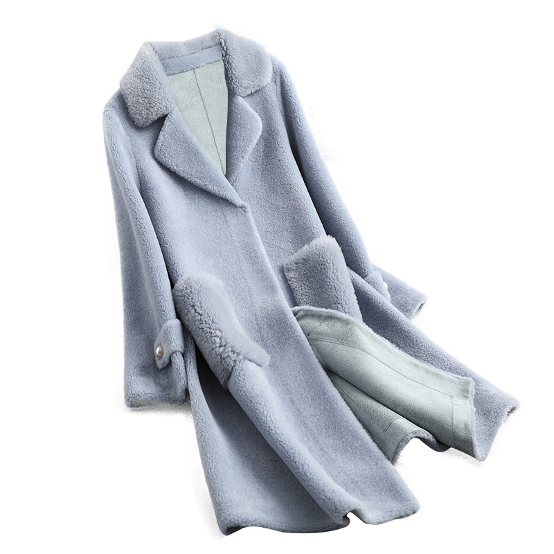 

2019 New Real Fur Coat Women Autumn Winter Sheep Shearing Wool Jacket Korean Long Womens Jackets and Coats, Blue