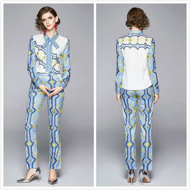 

Quality Women's Elegant Two Piece Pants Runway Printed Long Sleeve Bow Shirt and Long Pants 2 pcs Set Casual Ladies Designer Two Piece Sets, White