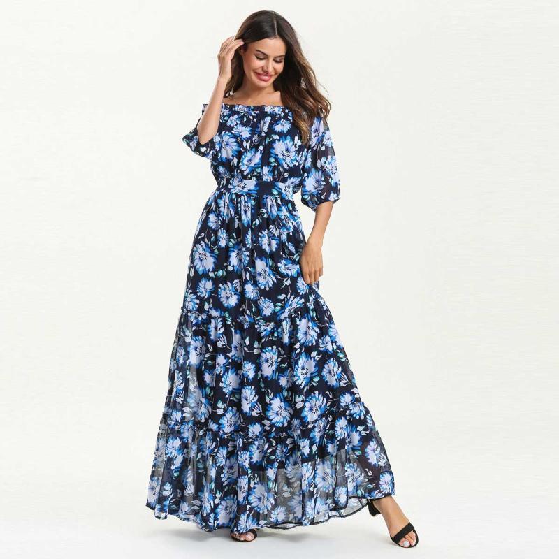 

Printed Bohemian Maxi Dress Lace Up Muslim Abaya Islamic Dubai Arabic Morocco Robe Women Summer Slash Neck Lining Inside Vestido