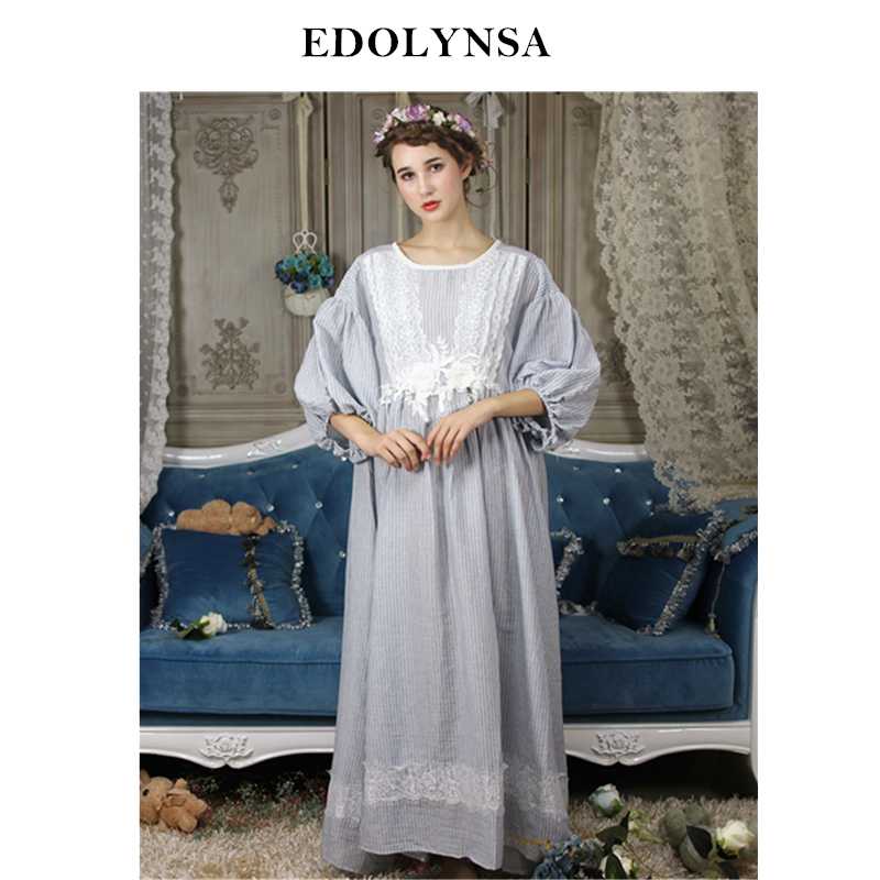 

Elegant Solid Nightwear Women Victorian Nightgown Bishop Sleeve Sleepwear Lace Patchwork Ruffled Hem Night Dress Plus Size H700, Blue