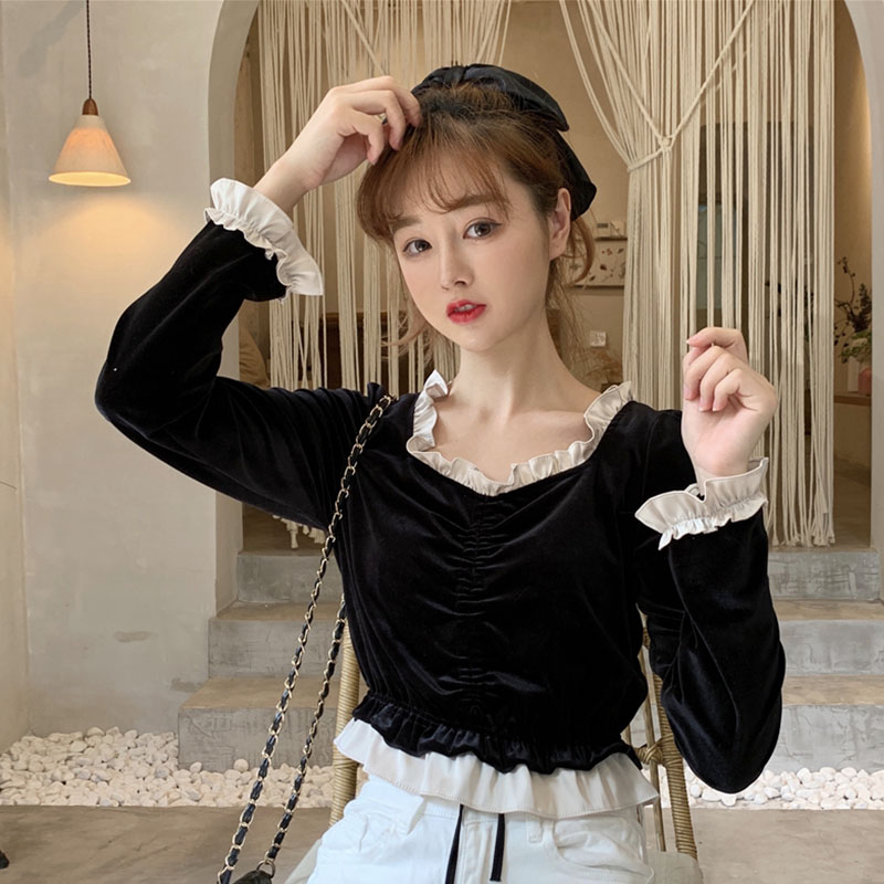 

Autumn Velours Crop Top Women Shirt Vintage Petite Girl Ruched Square Neck Blouse Chemise Femme Blusa Mujer, Only skirt
