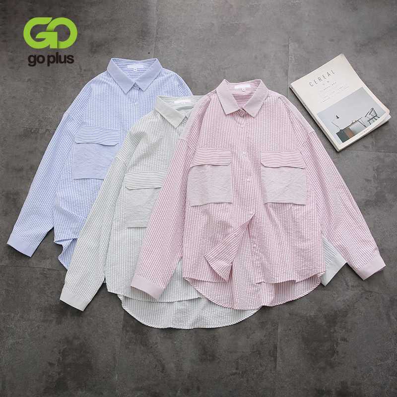 

GOPLUS Women's Blouse Striped Big Pockets Shirt Oversized Womens Tops and Blouses Blusa Mujer Haut Femme Kleding Vrouwen C9680, Blue