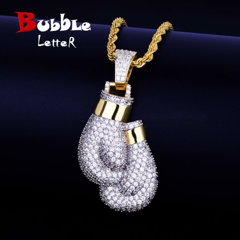

Bling Boxing Gloves Pendant Necklace & Pendant Charm Free Rope Chain Gold Color Iced Cubic Zircon Men's Hip hop Jewelry CJ191216