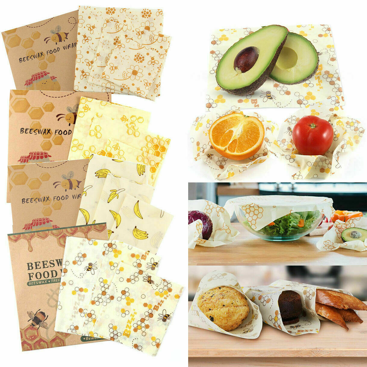 

3 Pack Natural Reusable Beeswax Food Wrap Paper Bees Wax - Small Medium Large